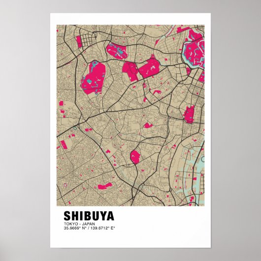 Shibuya Map Poster - Tokio Stilvolle rosa Karte (Vorne)
