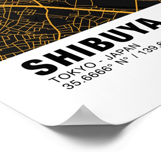 Shibuya Map Poster - Tokyo Black and Golden Map (Ecke)