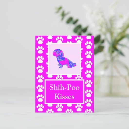 Shih-Poo Dog Kisses Silhouette in Niedlich Pink & Postkarte (Stehend Vorderseite)