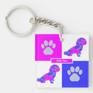 Shih-Poo Silhouette Hund & Paw Pink und Blue Squar Schlüsselanhänger