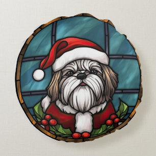 Shih Tzu Bleiglas Weihnachten Rundes Kissen