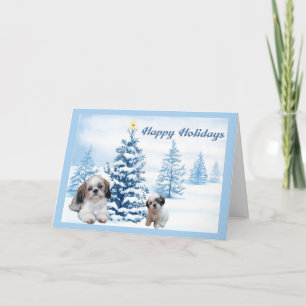 Shih Tzu Christmas Card Blue Tree Feiertagskarte