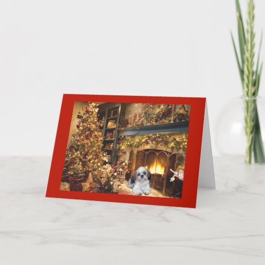 Shih Tzu Christmas Card Fireplace1 Feiertagskarte (Vorderseite)