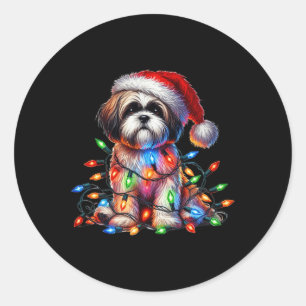 Shih Tzu Christmas Lights Weihnachtsmannmütze Dog Runder Aufkleber