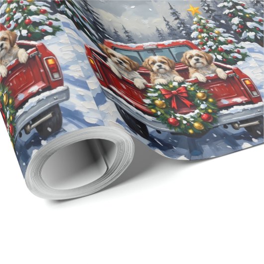 Shih Tzu Christmas Red Truck Holiday Geschenkpapier (Rolleneckpunkt)