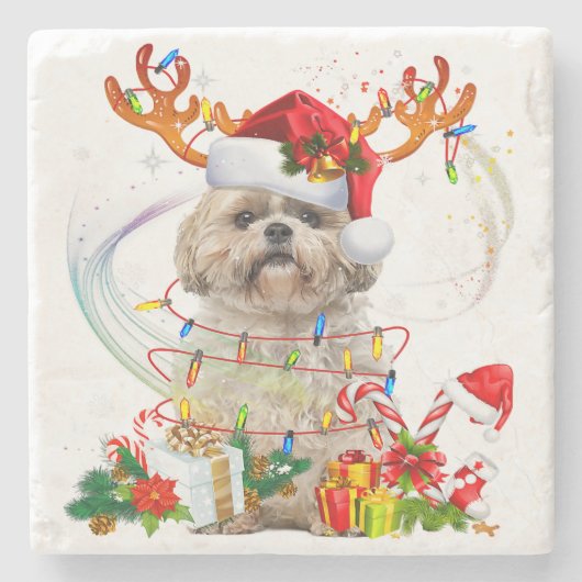 Shih Tzu Christmas Reindeer | Christmas Lights Steinuntersetzer (Vorderseite)