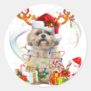 Shih Tzu Christmas Reindeer   Weihnachtsbeleuchtun Runder Aufkleber