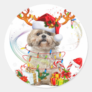 Shih Tzu Christmas Reindeer | Weihnachtsbeleuchtun Runder Aufkleber