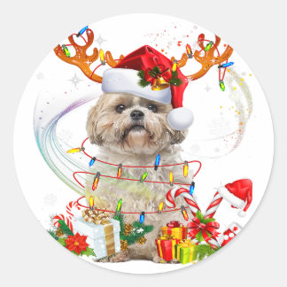 Shih Tzu Christmas Reindeer | Weihnachtsbeleuchtun Runder Aufkleber