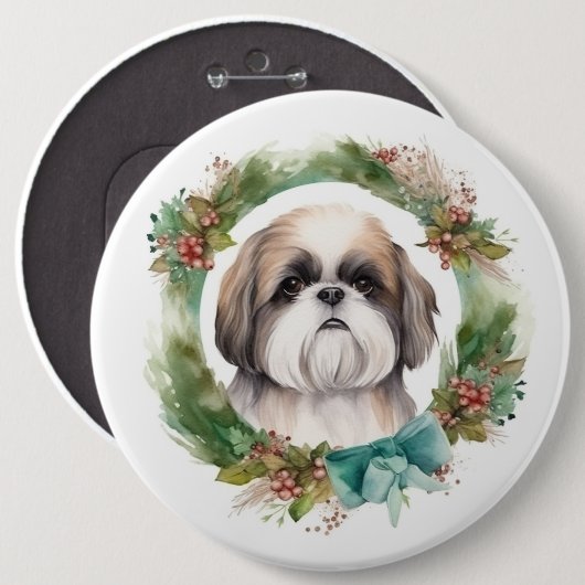 Shih Tzu Christmas Wreath Festivals Button (Vorne & Hinten)