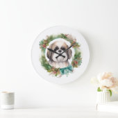 Shih Tzu Christmas Wreath Festivals Große Wanduhr (Zuhause)