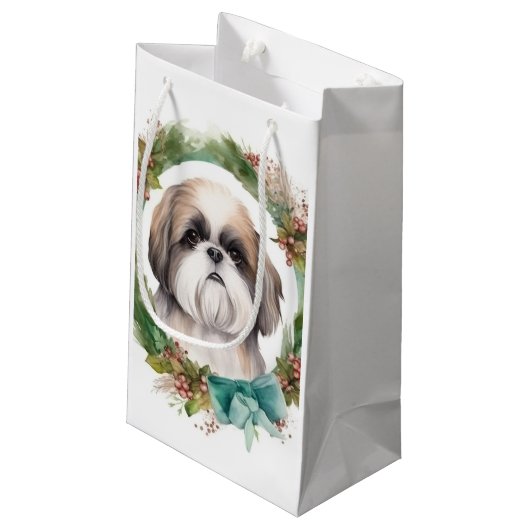 Shih Tzu Christmas Wreath Festivals Kleine Geschenktüte (Rückseite Schrägansicht)