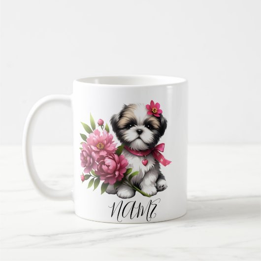 Shih Tzu Coffee Tasse - Niedlicher Welpe mit Blume (Links)