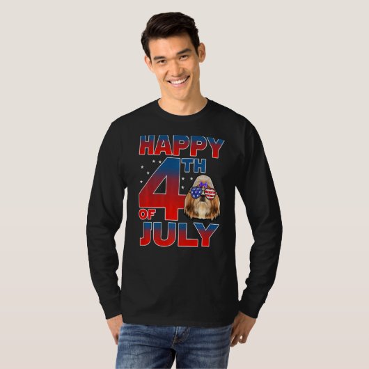 Shih Tzu Dog American Flag Brille Happy 4. Ju T-Shirt (Vorne ganz)