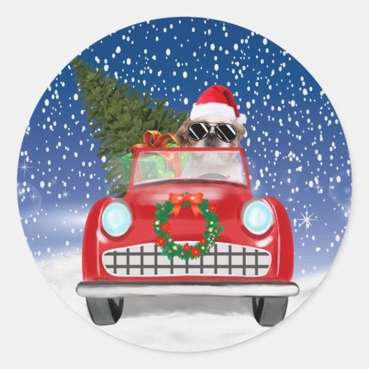 Shih Tzu Dog Autofahren Auto in Schnee Weihnachten Runder Aufkleber (Vorderseite)