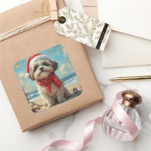 Shih Tzu Dog Christmas Vintag Beach Quadratischer Aufkleber