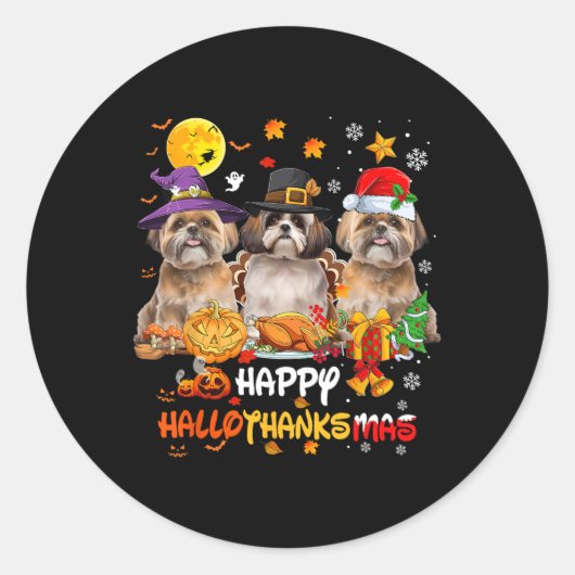 Shih Tzu Dog Happy Halloween Erntedank Merry Ch Runder Aufkleber (Vorderseite)