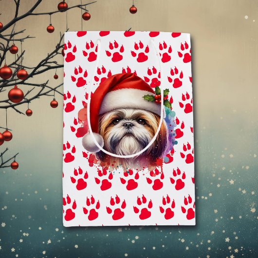 Shih Tzu Dog in der Weihnachtsmannmütze Weihnachte Mittlere Geschenktüte