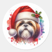 Shih Tzu Dog in der Weihnachtsmannmütze Weihnachte Runder Aufkleber (Vorderseite)