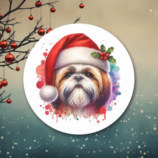 Shih Tzu Dog in der Weihnachtsmannmütze Weihnachte Runder Aufkleber