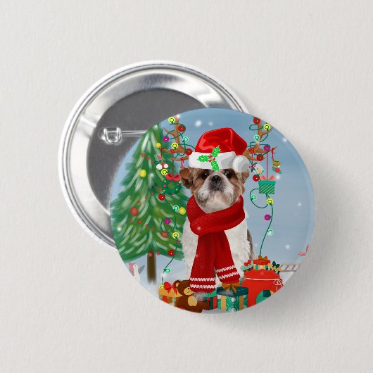 Shih Tzu Dog in Schnee Weihnachten Button (Vorne & Hinten)
