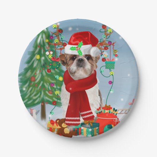 Shih Tzu Dog in Schnee Weihnachten Pappteller (Vorderseite)
