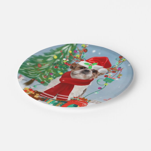 Shih Tzu Dog in Schnee Weihnachten Pappteller (Schrägansicht)
