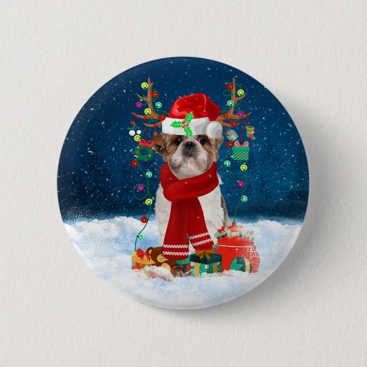 Shih Tzu Dog in Snow mit Weihnachtsgeschenken Button (Vorderseite)