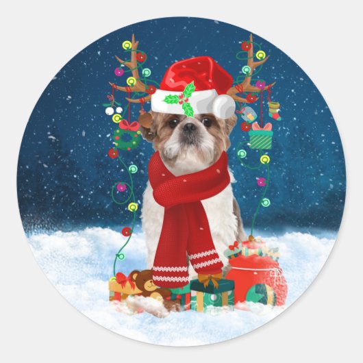 Shih Tzu Dog in Snow mit Weihnachtsgeschenken Runder Aufkleber (Vorderseite)