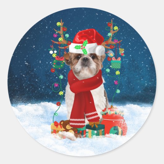 Shih Tzu Dog in Snow mit Weihnachtsgeschenken Runder Aufkleber (Vorderseite)