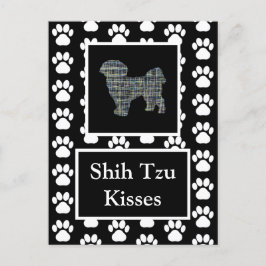 Shih Tzu Dog Kisses Silhouette Yellow & Blue Grid Postkarte