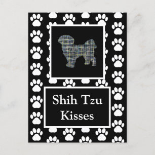 Shih Tzu Dog Kisses Silhouette Yellow & Blue Grid Postkarte