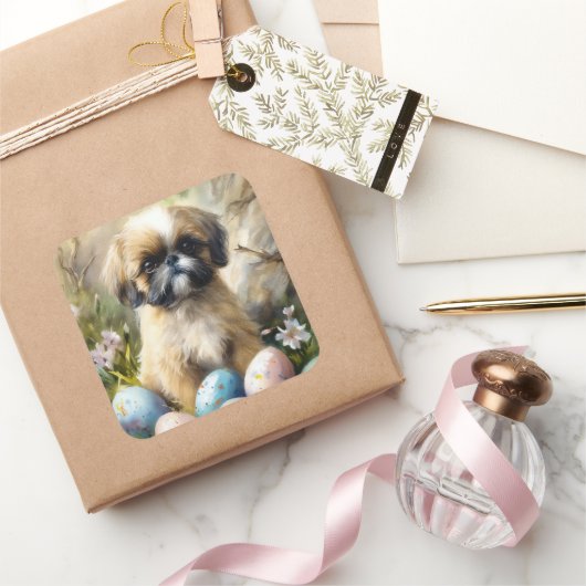 Shih Tzu Dog mit Ostereier Urlaub Quadratischer Aufkleber (Schenken)