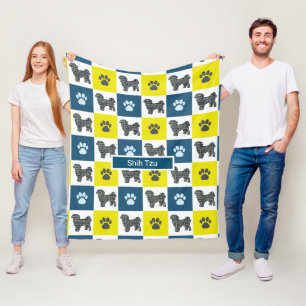 Shih Tzu Dog & Paw Print Yellow Grid Silhouette Fleecedecke