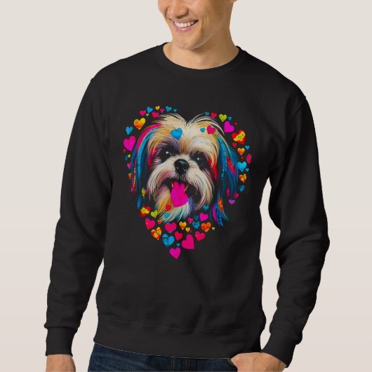 Shih Tzu Dog Pink Yellow Blue Heart Sweatshirt (Vorderseite)