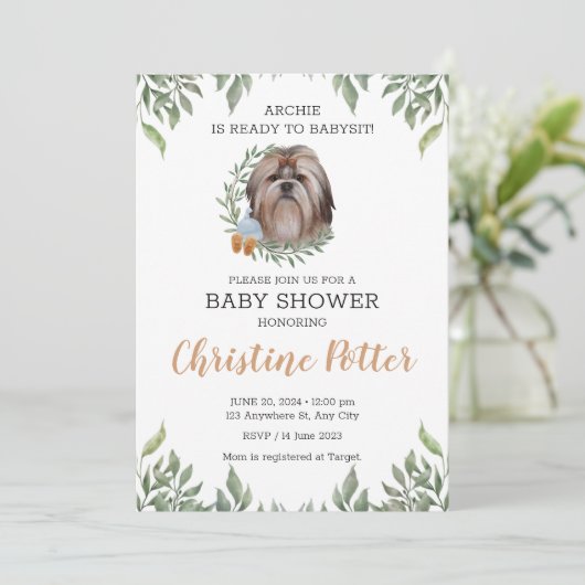 Shih Tzu Dog Puppy Greenery Boho Baby Shower Einladung (Stehend Vorderseite)