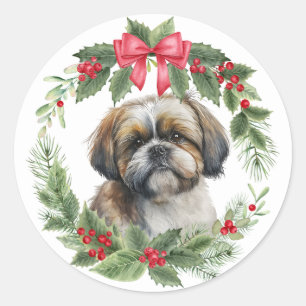 Shih Tzu Dog Red Bow Holly Wreath Runder Aufkleber