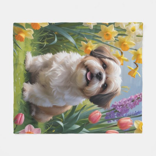 Shih Tzu Dog Spring Flowers Malerei Fleecedecke (Vorderseite (Horizontal))