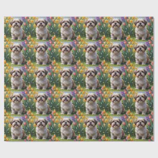 Shih Tzu Dog Spring Flowers Malerei Geschenkpapier (Flach)