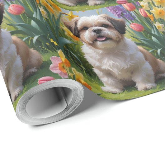 Shih Tzu Dog Spring Flowers Malerei Geschenkpapier (Rolleneckpunkt)