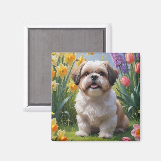 Shih Tzu Dog Spring Flowers Malerei Magnet (Vorderseite/Rückseite)