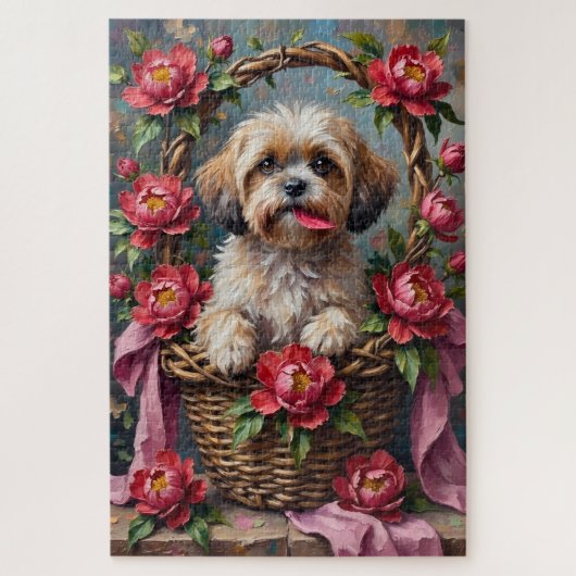 Shih Tzu Dog Valentine's Day Peony Flower Basket Puzzle (Vertikal)