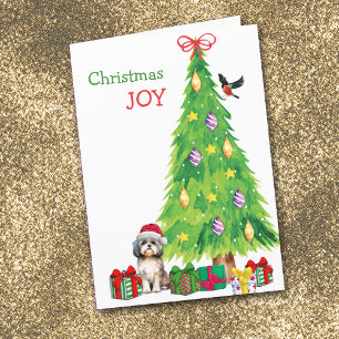 Shih Tzu Dog, Vogel und Weihnachtsbaum Feiertagskarte