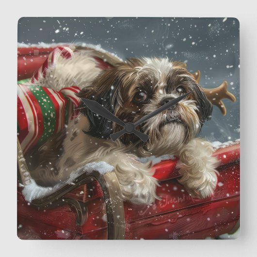 Shih Tzu Dog Weihnachtsfest Quadratische Wanduhr (Vorderseite)