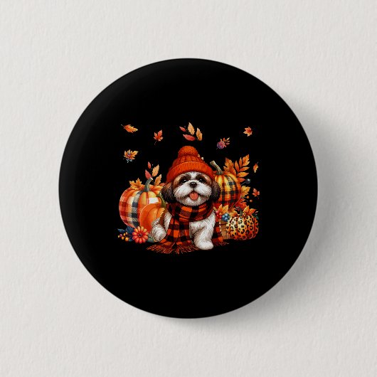 Shih Tzu Erntedank Leopard Pumpkins Herbstlaub Button (Vorderseite)