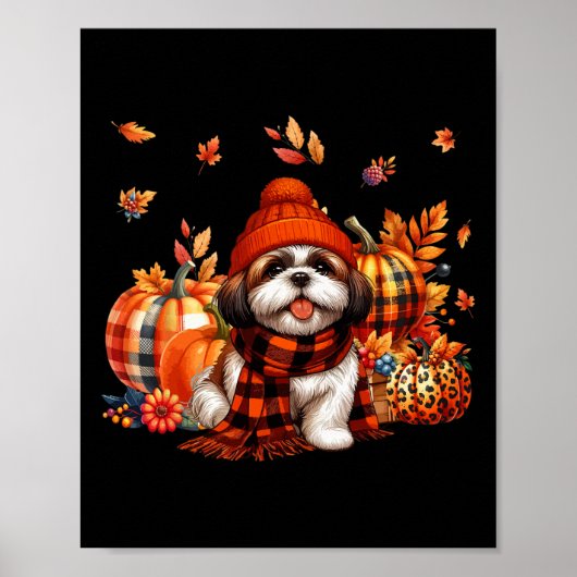 Shih Tzu Erntedank Leopard Pumpkins Herbstlaub Poster (Vorne)