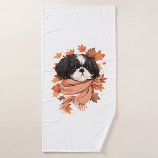 Shih Tzu Fall Dog Autumn Leaves Erntedank Copy Badehandtuch