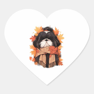 Shih Tzu Fall Dog Autumn Leaves Erntedank Copy Herz-Aufkleber