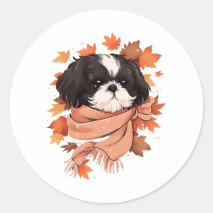 Shih Tzu Fall Dog Autumn Leaves Erntedank Copy Runder Aufkleber