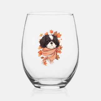 Shih Tzu Fall Dog Autumn Leaves Erntedank Copy Weinglas Ohne Stiel